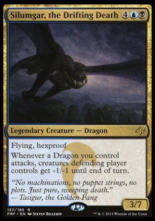 Silumgar, the Drifting Death
Legendary Creature — Dragon
Flying, hexproof
Whenever a Dragon you control attacks, creatures defending player controls get -1/-1 until end of turn.
3/7