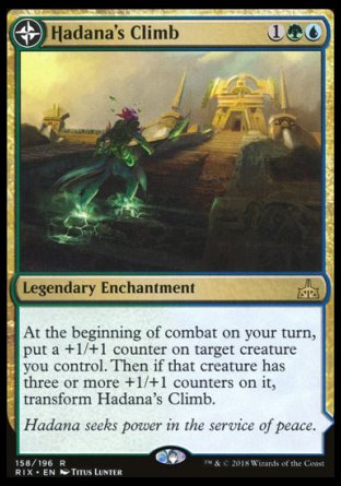 Hadana's Climb
Legendary Enchantment
At the beginning of combat on your turn, put a +1/+1 counter on target creature you control. Then if that creature has three or more +1/+1 counters on it, transform Hadana's Climb.
Winged Temple of Orazca
Legendary Land
(Transforms from Hadana's Climb.)
%T: Add one mana of any color.
%1%G%U, %T: Target creature you control gains flying and gets +X/+X until end of turn, where X is its power.
