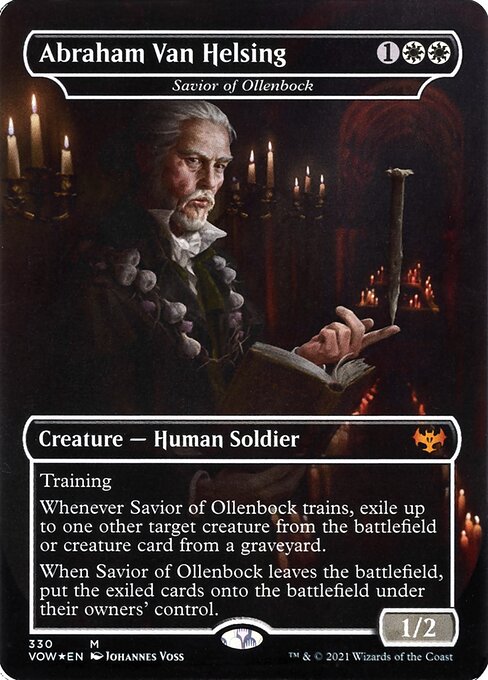 Savior of Ollenbock
Creature — Human Soldier
Training (Whenever this creature attacks with another creature with greater power, put a +1/+1 counter on this creature.)
Whenever this creature trains, exile up to one other target creature from the battlefield or creature card from a graveyard.
When this creature leaves the battlefield, put the exiled cards onto the battlefield under their owners' control.
1/2