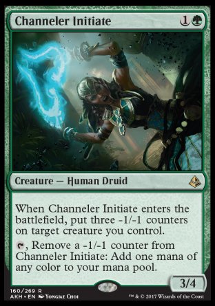 Channeler Initiate
Creature — Human Druid
When this creature enters, put three -1/-1 counters on target creature you control.
%T, Remove a -1/-1 counter from this creature: Add one mana of any color.
3/4