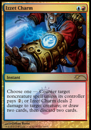 '-Izzet Charm
Instant
Choose one â€”
â€¢ Counter target noncreature spell unless its controller pays %2.
â€¢ Izzet Charm deals 2 damage to target creature.
â€¢ Draw two cards, then discard two cards.