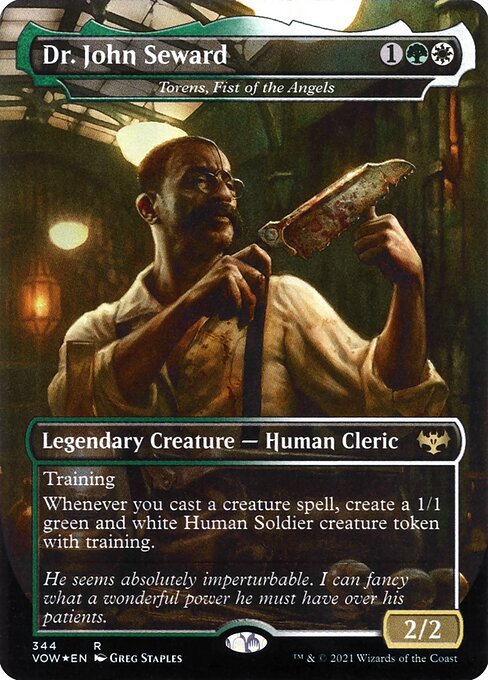 Torens, Fist of the Angels
Legendary Creature — Human Cleric
Training (Whenever this creature attacks with another creature with greater power, put a +1/+1 counter on this creature.)
Whenever you cast a creature spell, create a 1/1 green and white Human Soldier creature token with training.
2/2