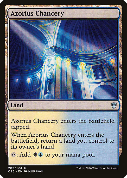 Azorius Chancery
Land
This land enters tapped.
When this land enters, return a land you control to its owner's hand.
{T}: Add {W}{U}.