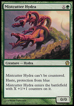 '-Mistcutter Hydra
Creature â€” Hydra
This spell can't be countered.
Haste, protection from blue
This creature enters with X +1/+1 counters on it.
0/0