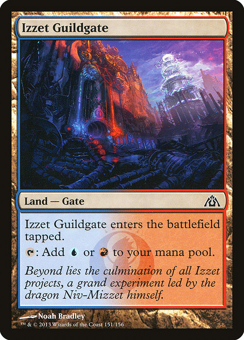 Izzet Guildgate
Land — Gate
This land enters tapped.
{T}: Add {U} or {R}.