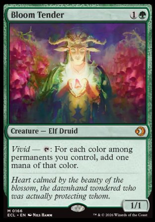 Bloom Tender
Creature â€” Elf Druid
Vivid â€” %T: For each color among permanents you control, add one mana of that color.
1/1