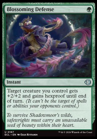 Blossoming Defense
Instant
Target creature you control gets +2/+2 and gains hexproof until end of turn.