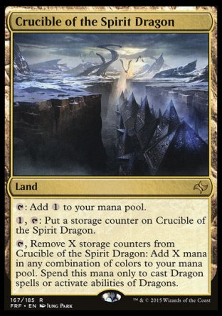'-Crucible of the Spirit Dragon
Land
%T: Add %C.
%1, %T: Put a storage counter on this land.
%T, Remove X storage counters from this land: Add X mana in any combination of colors. Spend this mana only to cast Dragon spells or activate abilities of Dragons.