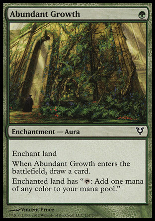 -Abundant Growth
Enchantment — Aura
Enchant land
When this Aura enters, draw a card.
Enchanted land has "%T: Add one mana of any color."