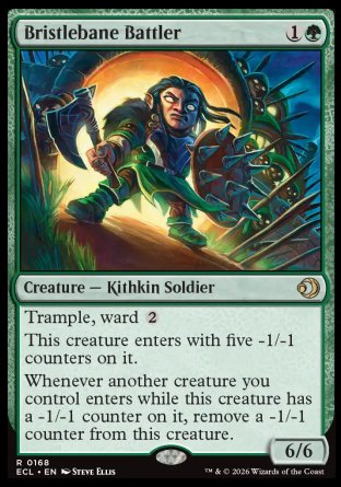 Bristlebane Battler
Creature â€” Kithkin Soldier
Trample, ward %2
This creature enters with five -1/-1 counters on it.
Whenever another creature you control enters while this creature has a -1/-1 counter on it, remove a -1/-1 counter from this creature.
6/6