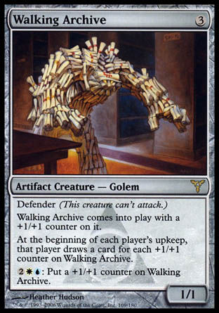 '-Walking Archive
Artifact Creature â€” Golem
Defender
This creature enters with a +1/+1 counter on it.
At the beginning of each player's upkeep, that player draws a card for each +1/+1 counter on this creature.
%2%W%U: Put a +1/+1 counter on this creature.
1/1