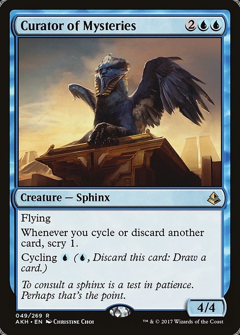 Curator of Mysteries
Creature — Sphinx
Flying
Whenever you cycle or discard another card, scry 1.
Cycling {U} ({U}, Discard this card: Draw a card.)
4/4
