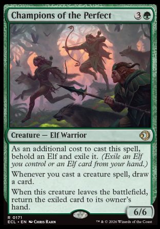 Champions of the Perfect
Creature â€” Elf Warrior
As an additional cost to cast this spell, behold an Elf and exile it.
Whenever you cast a creature spell, draw a card.
When this creature leaves the battlefield, return the exiled card to its owner's hand.
6/6