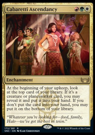 Cabaretti Ascendancy
Enchantment
At the beginning of your upkeep, look at the top card of your library. If it's a creature or planeswalker card, you may reveal it and put it into your hand. If you don't put the card into your hand, you may put it on the bottom of your library.