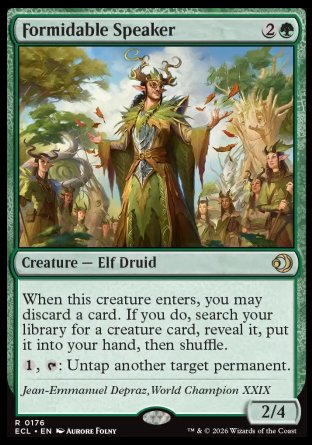 Formidable Speaker
Creature â€” Elf Druid
When this creature enters, you may discard a card. If you do, search your library for a creature card, reveal it, put it into your hand, then shuffle.
%1, %T: Untap another target permanent.
2/4