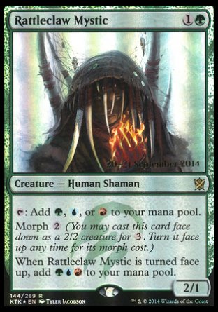 '-Rattleclaw Mystic
Creature â€” Human Shaman
%T: Add %G, %U, or %R.
Morph %2
When this creature is turned face up, add %G%U%R.
2/1