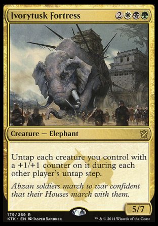 Ivorytusk Fortress
Creature — Elephant
Untap each creature you control with a +1/+1 counter on it during each other player's untap step.
5/7