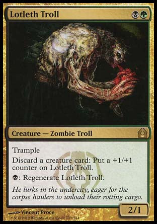 Lotleth Troll
Creature — Zombie Troll
Trample
Discard a creature card: Put a +1/+1 counter on this creature.
%B: Regenerate this creature.
2/1