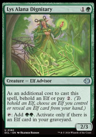 Lys Alana Dignitary
Creature â€” Elf Advisor
As an additional cost to cast this spell, behold an Elf or pay %2.
%T: Add %G%G. Activate only if there is an Elf card in your graveyard.
2/3