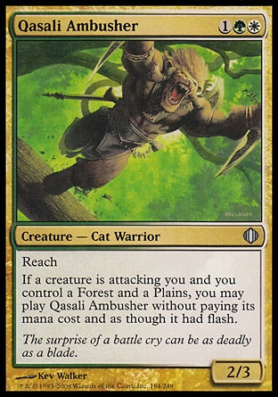 '-Qasali Ambusher
Creature â€” Cat Warrior
Reach
If a creature is attacking you and you control a Forest and a Plains, you may cast this creature without paying its mana cost and as though it had flash.
2/3