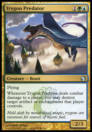 Trygon Predator
Creature — Beast
Flying
Whenever this creature deals combat damage to a player, you may destroy target artifact or enchantment that player controls.
2/3