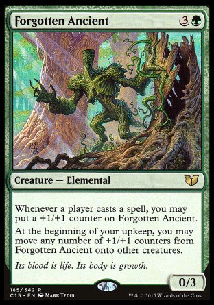 '-Forgotten Ancient
Creature â€” Elemental
Whenever a player casts a spell, you may put a +1/+1 counter on this creature.
At the beginning of your upkeep, you may move any number of +1/+1 counters from this creature onto other creatures.
0/3