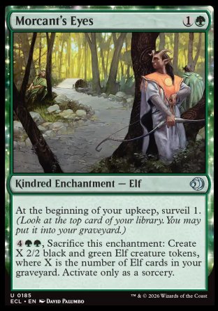 Morcant's Eyes
Kindred Enchantment â€” Elf
At the beginning of your upkeep, surveil 1.
%4%G%G, Sacrifice this enchantment: Create X 2/2 black and green Elf creature tokens, where X is the number of Elf cards in your graveyard. Activate only as a sorcery.