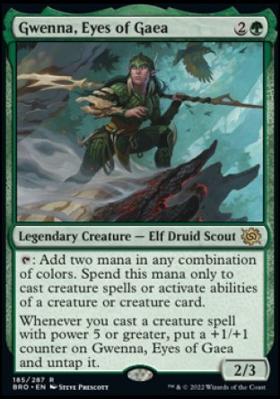 '-Gwenna, Eyes of Gaea
Legendary Creature â€” Elf Druid Scout
%T: Add two mana in any combination of colors. Spend this mana only to cast creature spells or activate abilities of creature sources.
Whenever you cast a creature spell with power 5 or greater, put a +1/+1 counter on Gwenna and untap it.
2/3