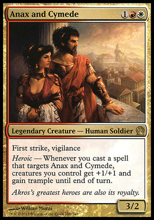 Anax and Cymede
Legendary Creature — Human Soldier
First strike, vigilance
Heroic — Whenever you cast a spell that targets Anax and Cymede, creatures you control get +1/+1 and gain trample until end of turn.
3/2