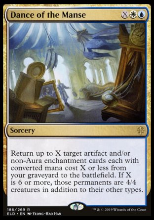 '-Dance of the Manse
Sorcery
Return up to X target artifact and/or non-Aura enchantment cards each with mana value X or less from your graveyard to the battlefield. If X is 6 or more, those permanents are 4/4 creatures in addition to their other types.