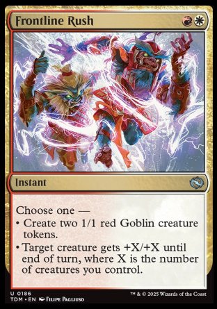 Frontline Rush
Instant
Choose one —
• Create two 1/1 red Goblin creature tokens.
• Target creature gets +X/+X until end of turn, where X is the number of creatures you control.