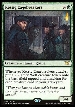 Kessig Cagebreakers
Creature — Human Rogue
Whenever this creature attacks, create a 2/2 green Wolf creature token that's tapped and attacking for each creature card in your graveyard.
3/4