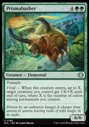 Prismabasher
Creature â€” Elemental
Trample
Vivid â€” When this creature enters, up to X target creatures you control get +X/+X until end of turn, where X is the number of colors among permanents you control.
6/6