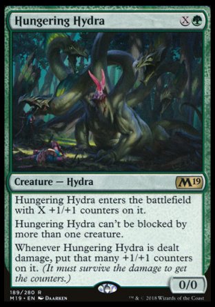 '-Hungering Hydra
Creature â€” Hydra
This creature enters with X +1/+1 counters on it.
This creature can't be blocked by more than one creature.
Whenever this creature is dealt damage, put that many +1/+1 counters on it. (It must survive the damage to get the counters.)
0/0