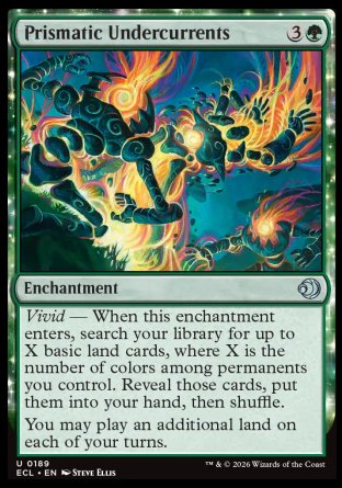 Prismatic Undercurrents
Enchantment
Vivid â€” When this enchantment enters, search your library for up to X basic land cards, where X is the number of colors among permanents you control. Reveal those cards, put them into your hand, then shuffle.
You may play an additional land on each of your turns.