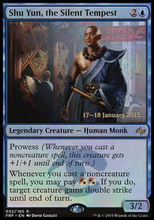 '-Shu Yun, the Silent Tempest
Legendary Creature â€” Human Monk
Prowess
Whenever you cast a noncreature spell, you may pay %WR%WR. If you do, target creature gains double strike until end of turn.
3/2