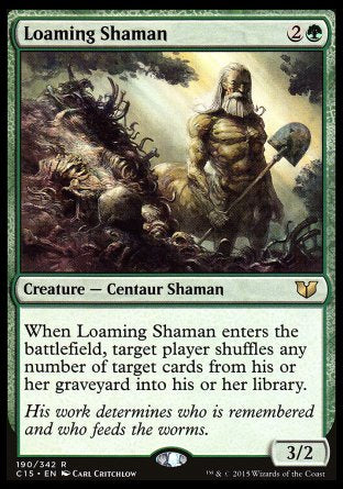 Loaming Shaman
Creature — Centaur Shaman
When this creature enters, target player shuffles any number of target cards from their graveyard into their library.
3/2