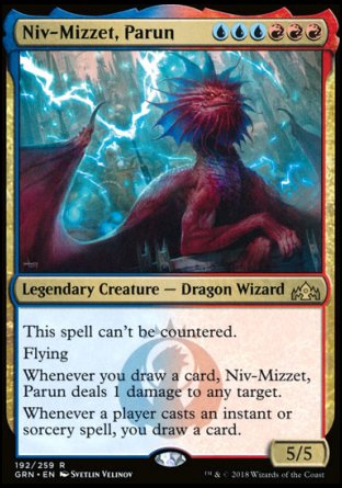 '-Niv-Mizzet, Parun
Legendary Creature â€” Dragon Wizard
This spell can't be countered.
Flying
Whenever you draw a card, Niv-Mizzet deals 1 damage to any target.
Whenever a player casts an instant or sorcery spell, you draw a card.
5/5