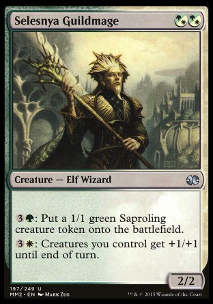 Selesnya Guildmage
Creature — Elf Wizard
(%WG can be paid with either %G or %W.)
%3%G: Create a 1/1 green Saproling creature token.
%3%W: Creatures you control get +1/+1 until end of turn.
2/2