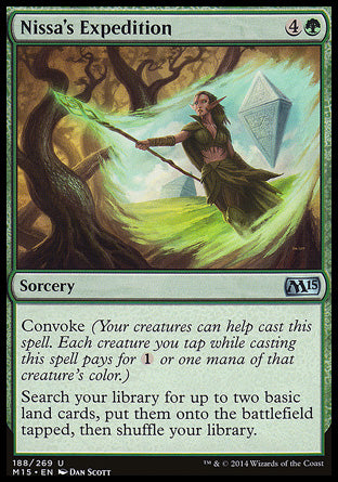 '-Nissa's Expedition
Sorcery
Convoke
Search your library for up to two basic land cards, put them onto the battlefield tapped, then shuffle.