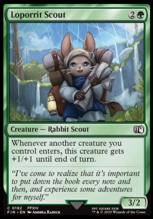 Loporrit Scout
Creature — Rabbit Scout
Whenever another creature you control enters, this creature gets +1/+1 until end of turn.
3/2