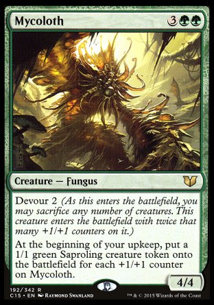 '-Mycoloth
Creature â€” Fungus
Devour 2
At the beginning of your upkeep, create a 1/1 green Saproling creature token for each +1/+1 counter on this creature.
4/4