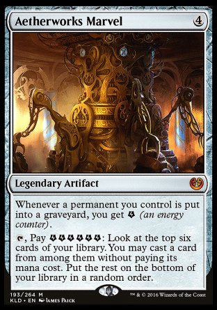 -Aetherworks Marvel
Legendary Artifact
Whenever a permanent you control is put into a graveyard, you get %E (an energy counter).
%T, Pay six %E: Look at the top six cards of your library. You may cast a spell from among them without paying its mana cost. Put the rest on the bottom of your library in a random order.