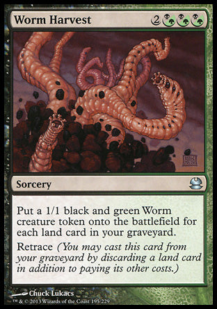 Worm Harvest
Sorcery
Create a 1/1 black and green Worm creature token for each land card in your graveyard.
Retrace