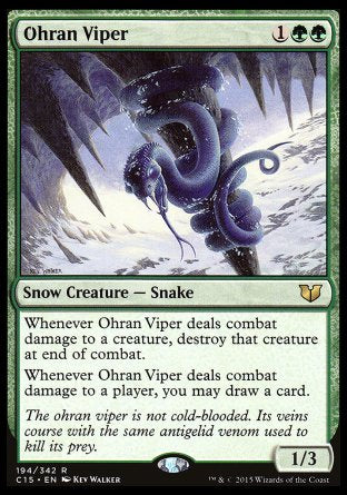 '-Ohran Viper
Snow Creature â€” Snake
Whenever this creature deals combat damage to a creature, destroy that creature at end of combat.
Whenever this creature deals combat damage to a player, you may draw a card.
1/3
