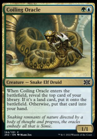 Coiling Oracle
Creature — Snake Elf Druid
When this creature enters, reveal the top card of your library. If it's a land card, put it onto the battlefield. Otherwise, put that card into your hand.
1/1