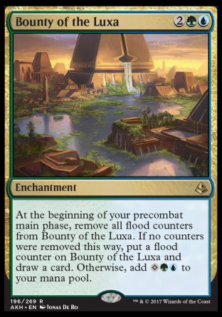 Bounty of the Luxa
Enchantment
At the beginning of your first main phase, remove all flood counters from this enchantment. If no counters were removed this way, put a flood counter on this enchantment and draw a card. Otherwise, add %C%G%U.