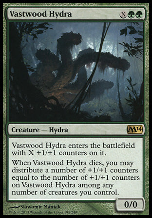 '-Vastwood Hydra
Creature â€” Hydra
This creature enters with X +1/+1 counters on it.
When this creature dies, you may distribute a number of +1/+1 counters equal to the number of +1/+1 counters on this creature among any number of creatures you control.
0/0
