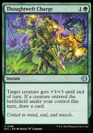 Thoughtweft Charge
Instant
Target creature gets +3/+3 until end of turn. If a creature entered the battlefield under your control this turn, draw a card.