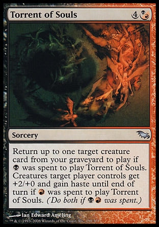 Torrent of Souls
Sorcery
Return up to one target creature card from your graveyard to the battlefield if %B was spent to cast this spell. Creatures target player controls get +2/+0 and gain haste until end of turn if %R was spent to cast this spell. (Do both if %B%R was spent.)